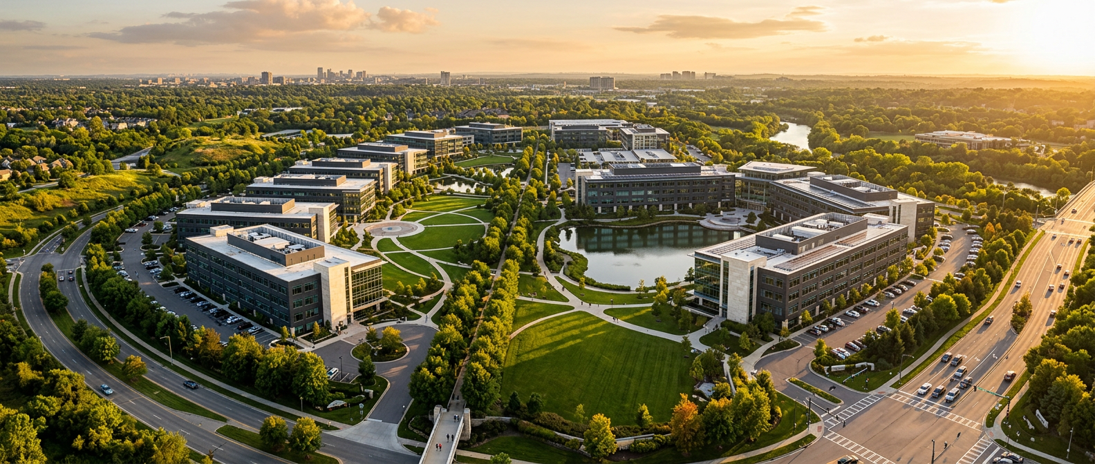 Aerial view of a commercial office campus