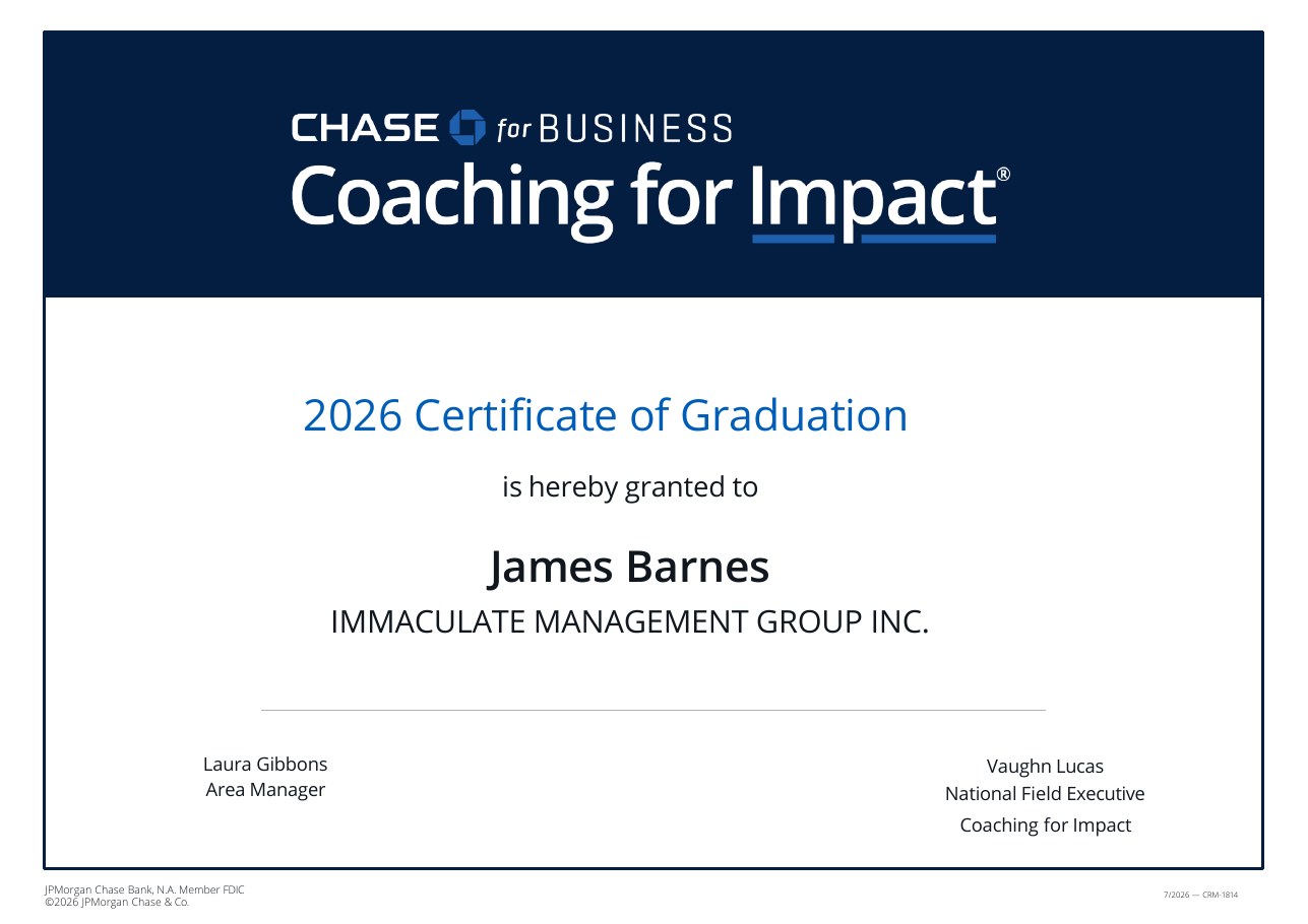 Chase for Business Coaching for Impact 2026 Certificate of Graduation granted to James Barnes, Immaculate Management Group Inc.